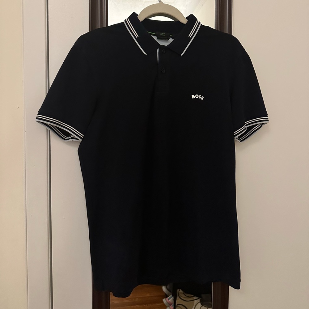 Hugo Boss Navy Polo with Stripped Collar (Medium)